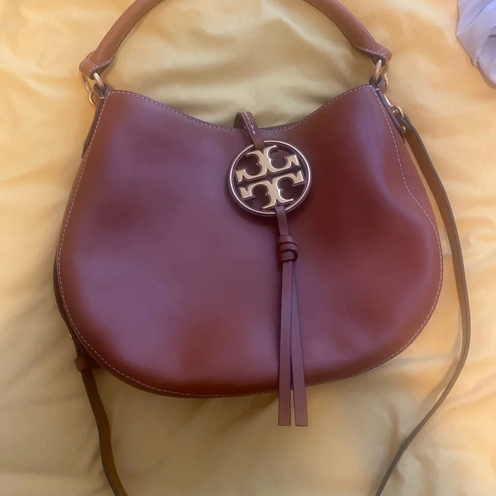 New Tory Burch Mini Miller Brown Cognac Leather Hobo Saddle Crossbody Bag Purse